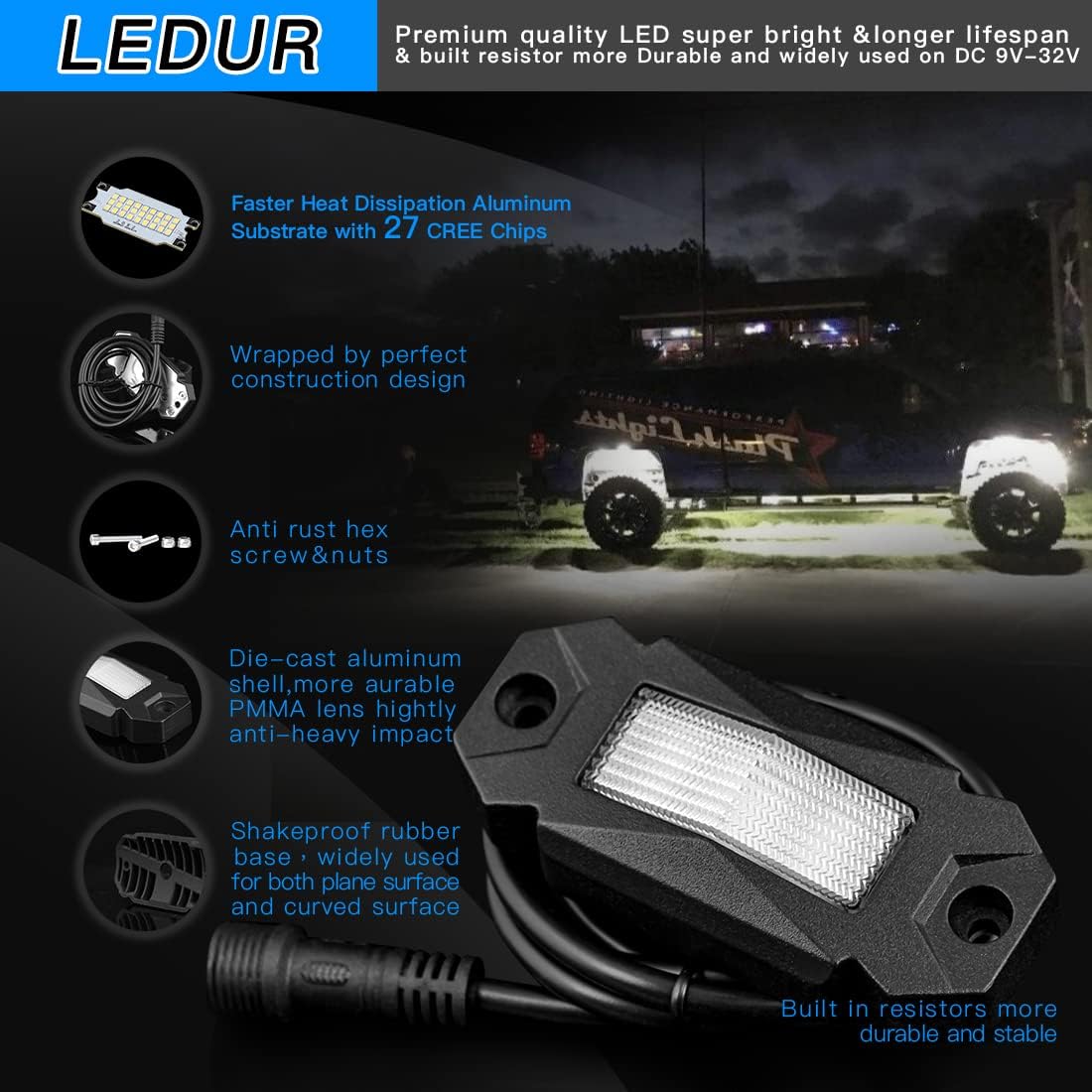 4Pods LED Rock Lights White with Switch Wire Harness H258