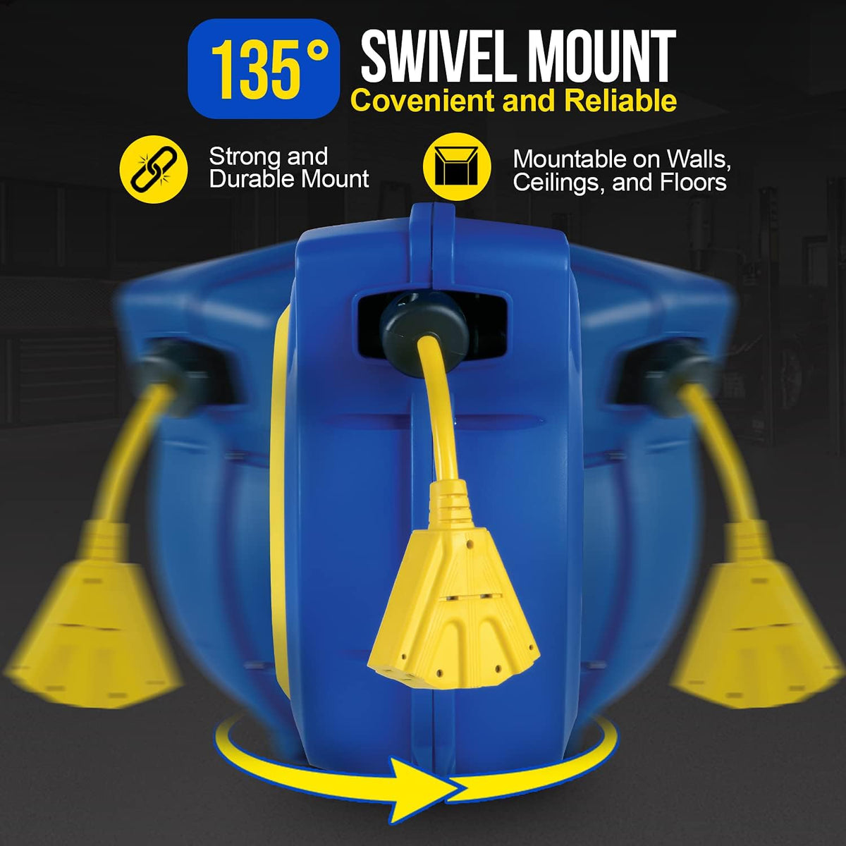 Retractable Extension Cord Reel 14AWG 65 Foot 3C/SJTOW Commercial Cable Triple Tap Connector Power 10A 125VAC 1250W X206